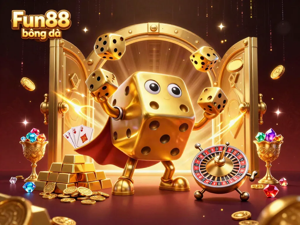 Engage in Fun88 bóng đá with vibrant 3D casino illustration featuring golden dice and dynamic treasures.