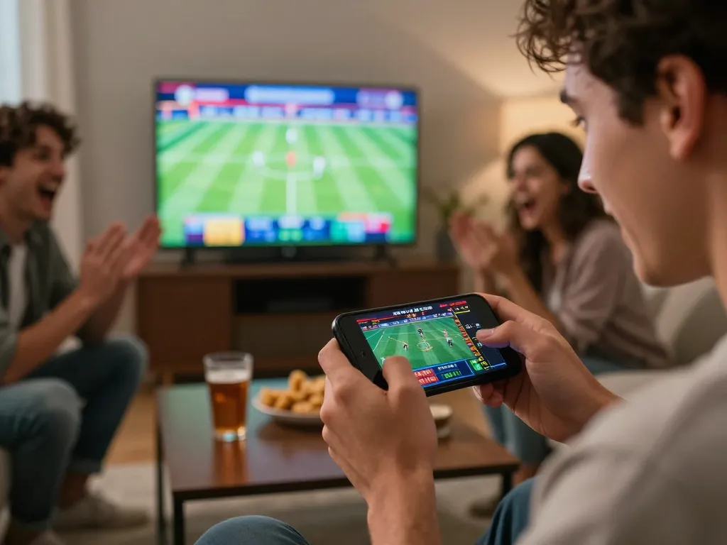 Users engaging in sports betting on keonhacai22, focusing on mobile app action with lively background.