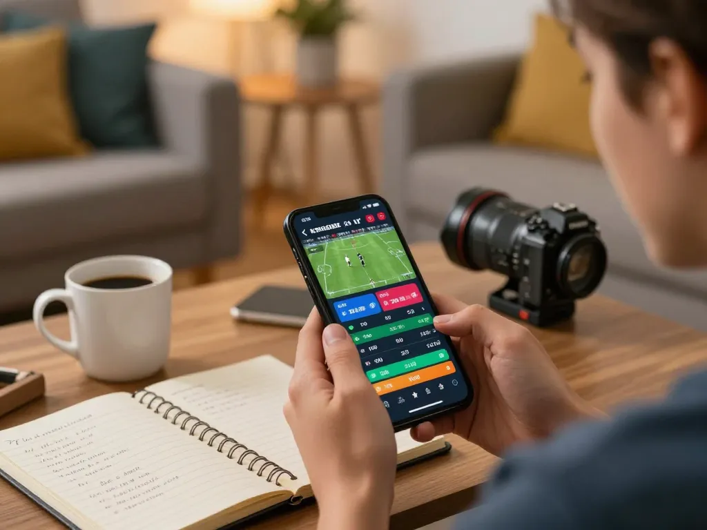 Person engaging in sports betting on smartphone while analyzing odds at home, capturing the essence of MMOO lifestyle.