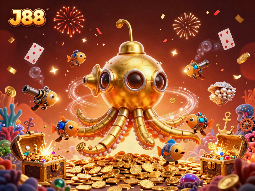 Experience exhilarating wins at J88 with a vibrant underwater scene filled with golden treasures and fun casino elements.