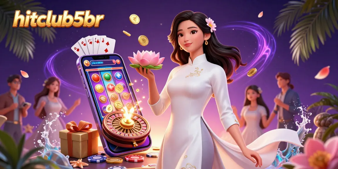 Engage in thrilling gaming at hitclub5br with a vibrant illustration showcasing a woman in traditional attire surrounded by casino elements.