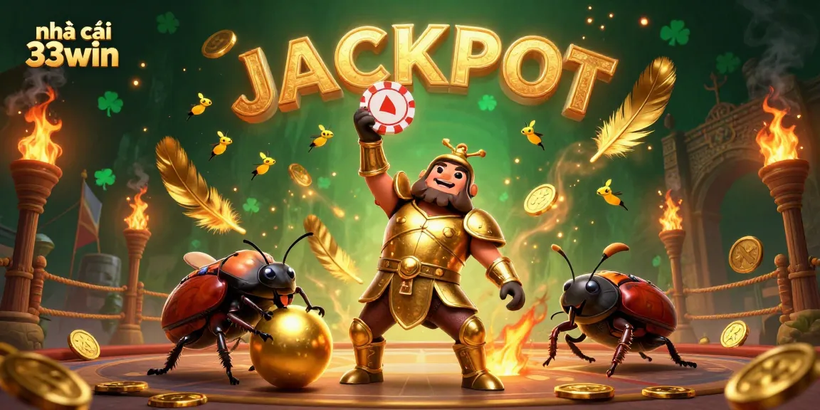 Experience the excitement of nhà cái 33win with a dynamic 3D illustration featuring a victorious gladiator beetle and vibrant casino elements.