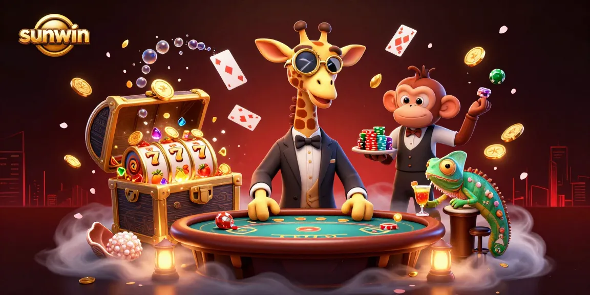 Experience thrilling action at sunwin with a high-roller giraffe, monkey valet, and a chameleon bartender in a vibrant casino scene.