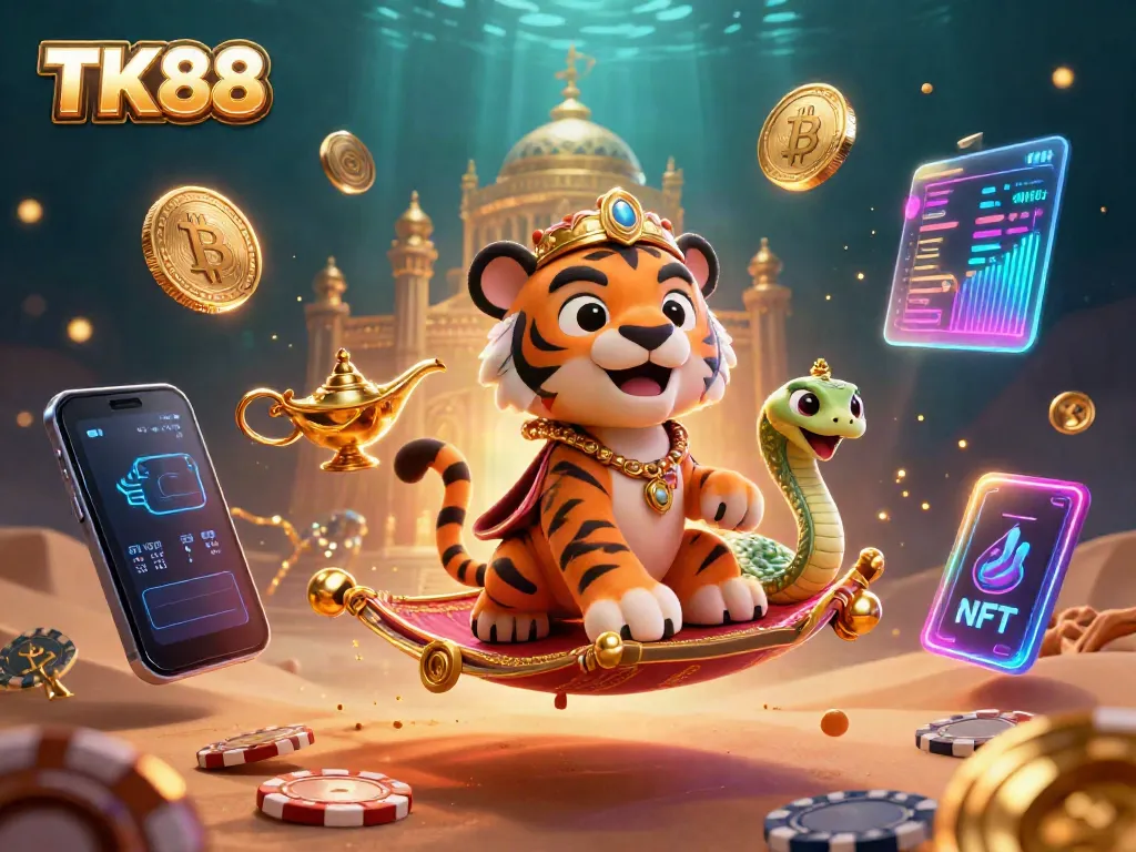 Experience the thrill of gaming at TK88 with our stunning 3D visual featuring a tiger sultan and crypto elements.