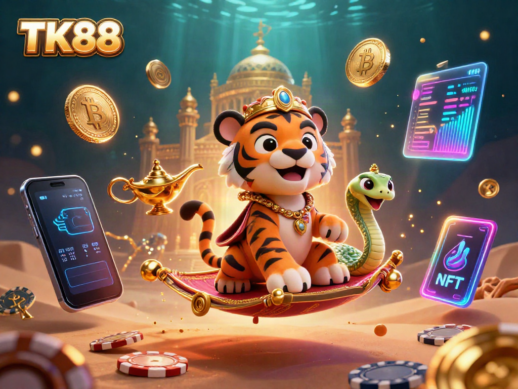 Experience the thrill of gaming at TK88 with our stunning 3D visual featuring a tiger sultan and crypto elements.