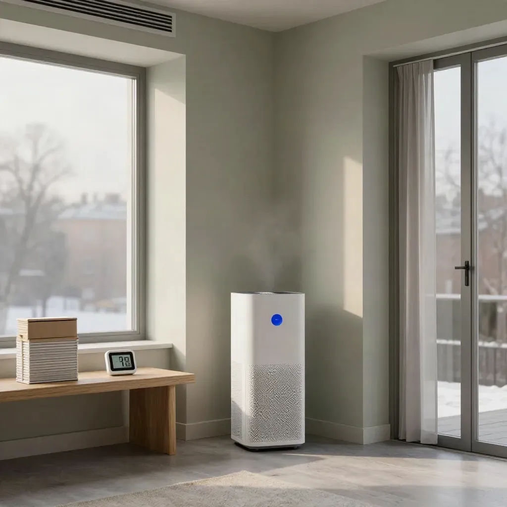 Luftrenare, ventilationsventil och fuktmätare i en ljus Stockholmsentré en vintermorgon.