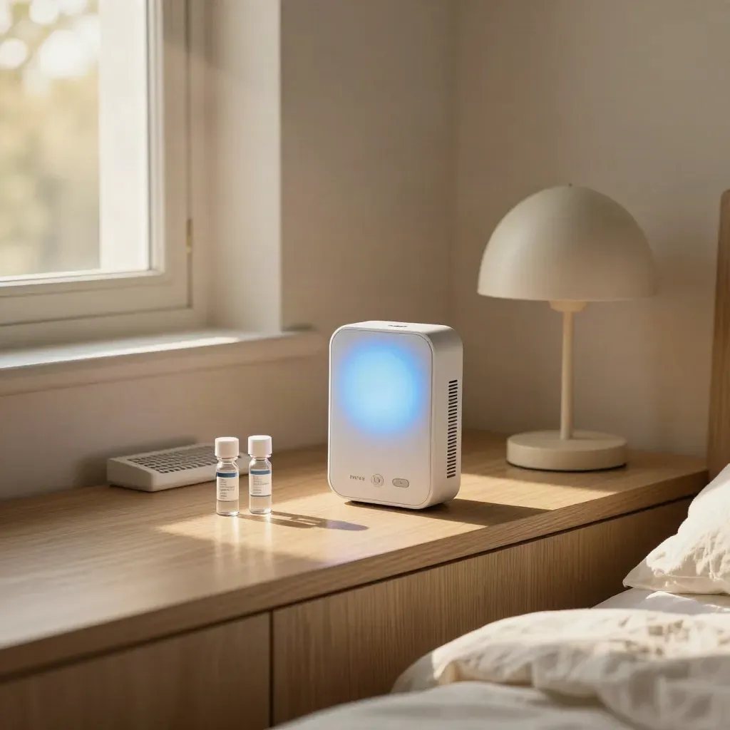 Luftkvalitetsmätare, ventgaller och lampa i ett lugnt sovrum med varmt solljus.