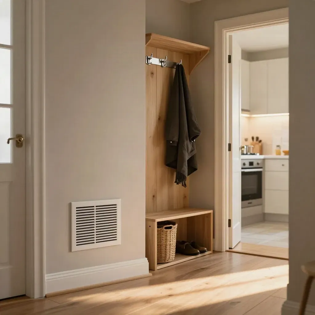 Ljus hall med ventil, hatthörna och öppen dörr i lugn nordisk hemmiljö.