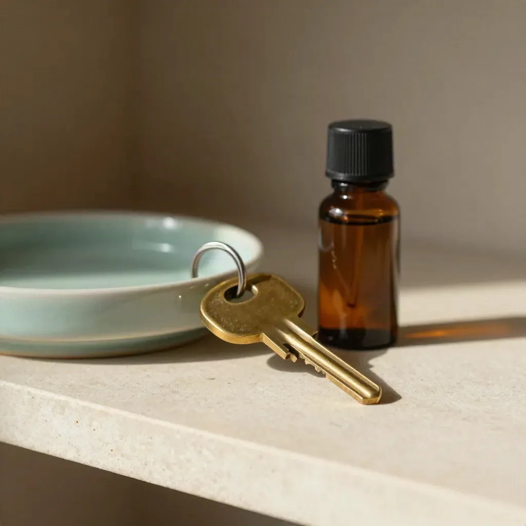 Brun nyckelring, mintgrön keramikskål och liten doftolja på ljus sten i sidoljus.