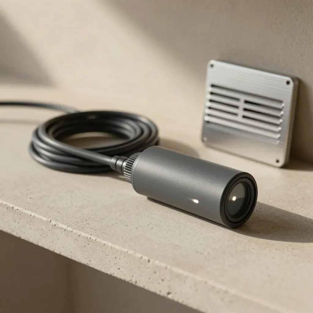 Fuktprobe, kabel och ventgaller på ljus betong i mjukt dagsljus.