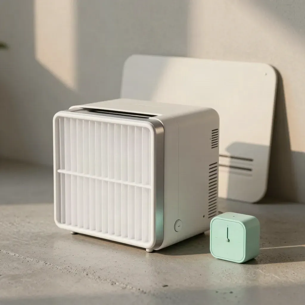 Kompakt klimatenhet med filterpatron och reset-knapp på ljus betong, mintdetalj.