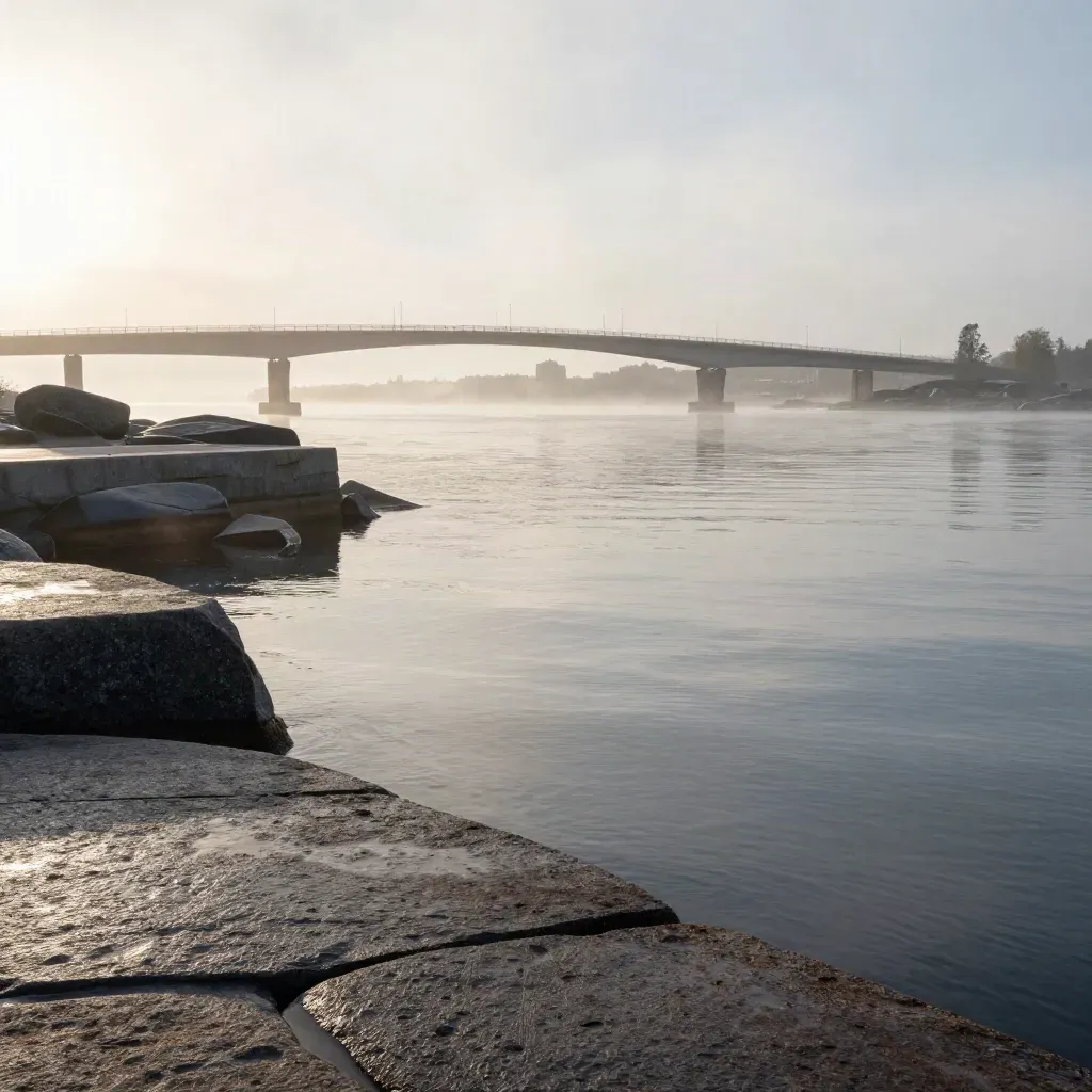 Dimhöljd Stockholms skärgård med låg bro, granitkaj och stadssiluett i morgonljus.