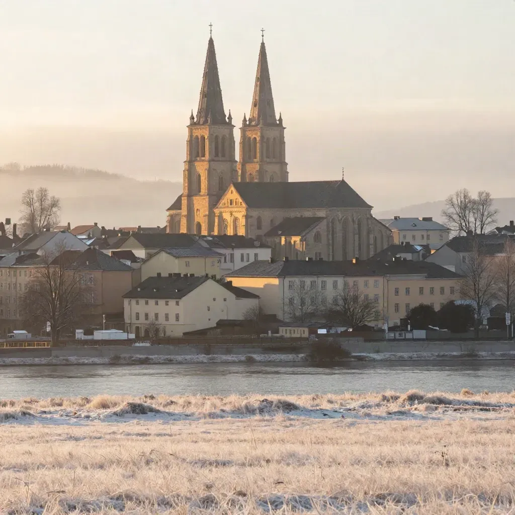 Uppsala domkyrka över tak och frostig slätt i gyllene morgondis