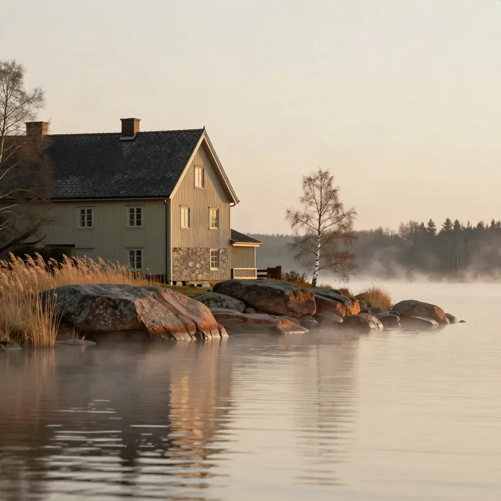 Södermanländsk herrgårdstaklinje vid röd granit och vass i mjuk kvällsdimma
