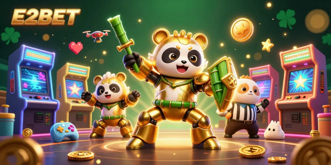 E2BET welcomes you with an electrifying illustration of a golden panda in a mech suit battling in a vibrant casino arena.