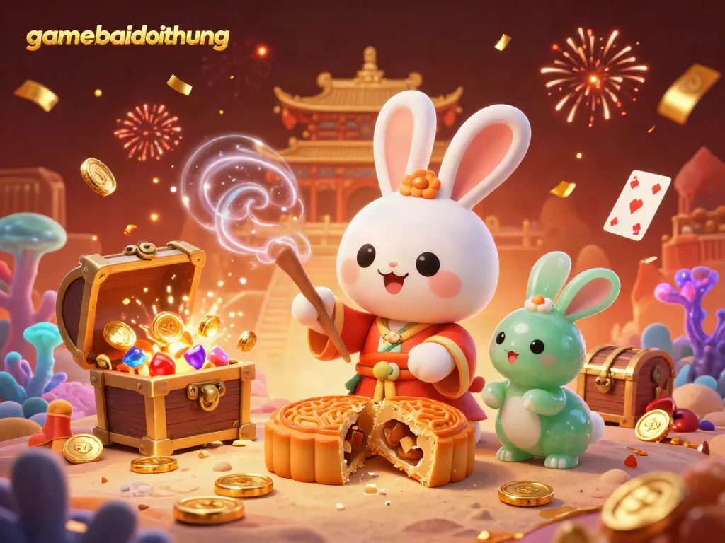 Engage in online gaming fun with gamebaidoithuong as the moon rabbit reveals poker chips inside golden mooncakes on a festive lunar landscape.