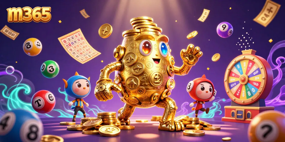 Join the excitement at m365 with a dazzling golden golem in a vibrant casino scene full of dynamic lottery elements.