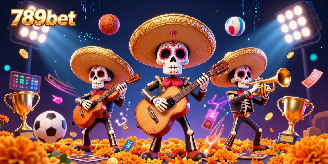 Experience the vibrant action of 789bet with a Day of the Dead skeleton mariachi band, surrounded by dynamic sports imagery.
