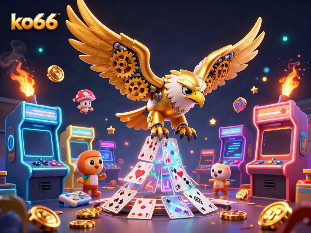 Experience thrilling gaming action at ko66 with a dynamic casino-inspired scene of a cybernetic eagle diving through holographic cards.