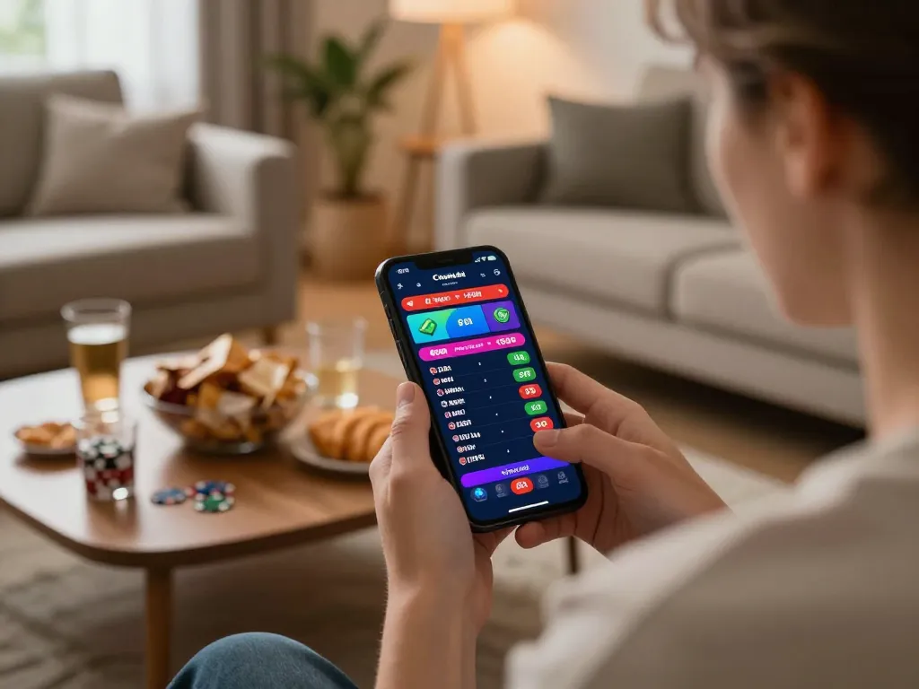 Experience sports betting action with nhà cái CM88 using a mobile app in a cozy living room