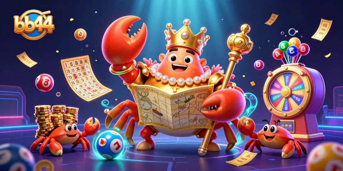 Engage with bb44's vibrant casino world featuring a golden crab emperor amidst lively lottery elements.