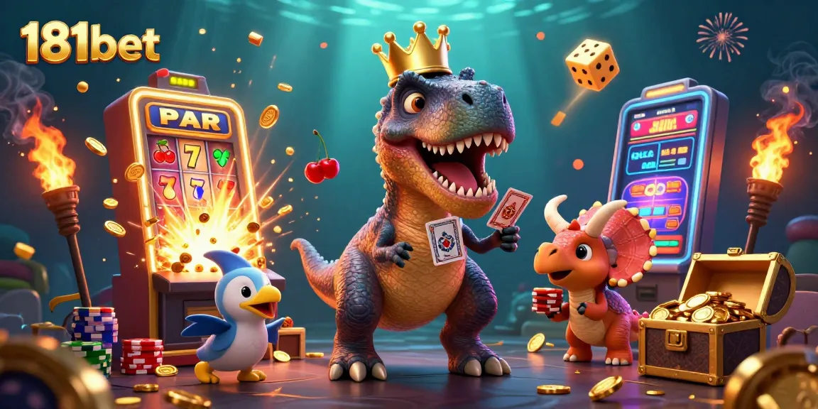 Experience fun gaming with 181bet featuring a T-Rex and friends amidst a vibrant casino atmosphere.