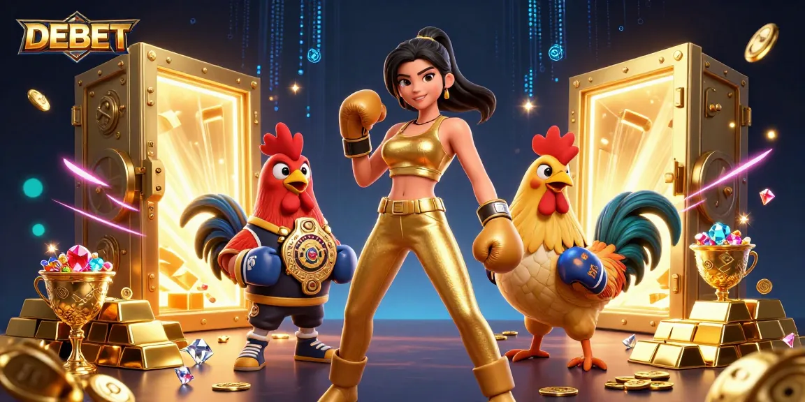 Engage in the thrilling world of DEBET with a powerful boxer and a championship rooster in a dynamic casino setting.