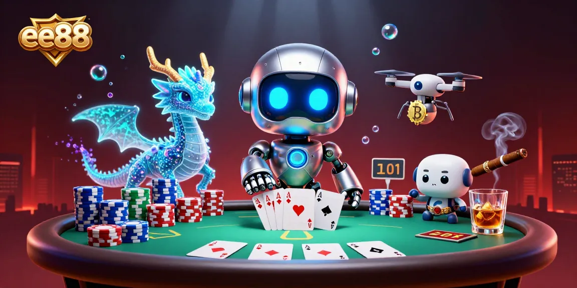 Play poker with ee88's futuristic casino characters, featuring a robot mascot and AI dragon.