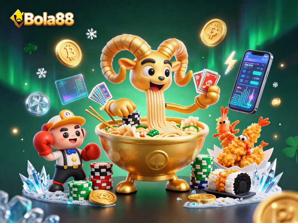 Bola88 showcases a vibrant scene of a golden ramen bowl dealing cards while surrounded by crypto elements.