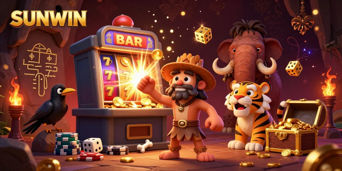 SUNWIN showcases a thrilling scene with cartoon caveman and sabertooth managing a vibrant casino, featuring dynamic game elements.