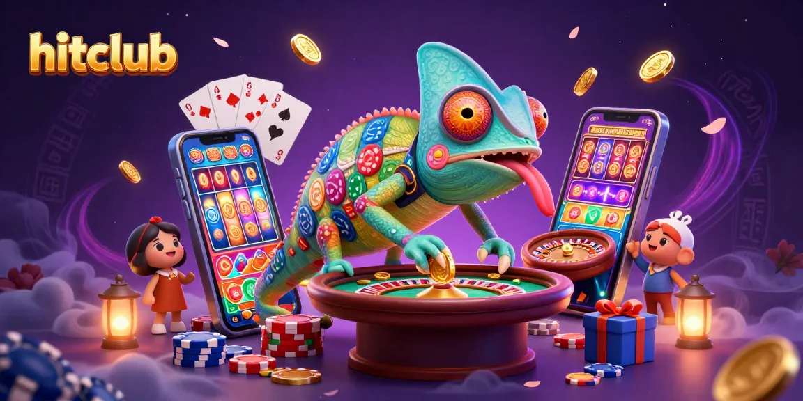 hitclub offers thrilling casino experiences with vibrant illustrations of chameleon character and dynamic games.