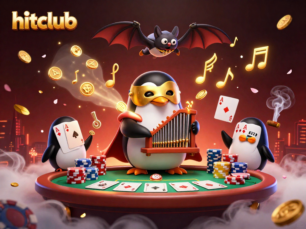 Hitclub's dynamic casino scene featuring a penguin playing organ, poker elements, and a bat acrobat.