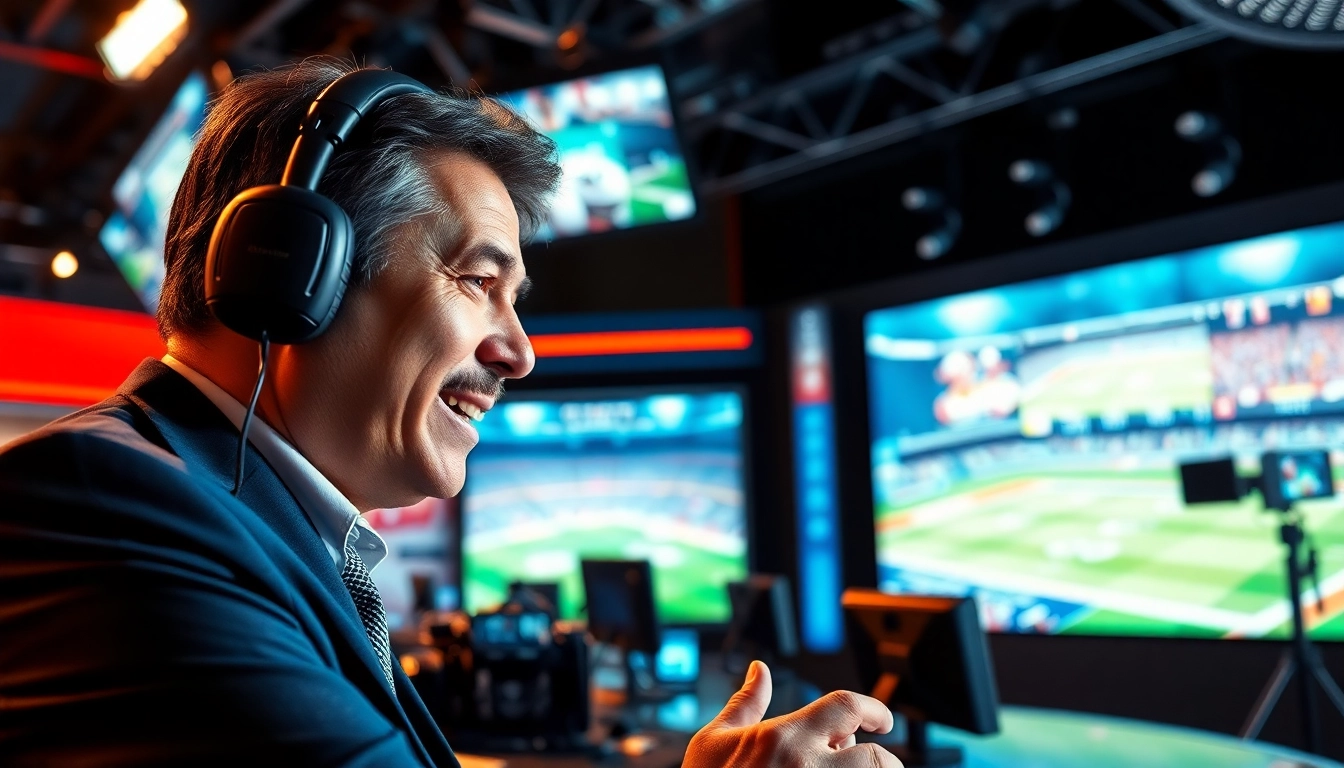 Engaging host in sports broadcasting studio delivering commentary with dynamic visuals.
