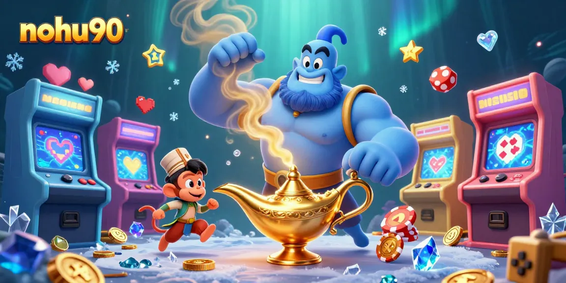 Nohu90 engages players with vibrant gaming energy as the genie and monkey surprise with delightful casino fun.