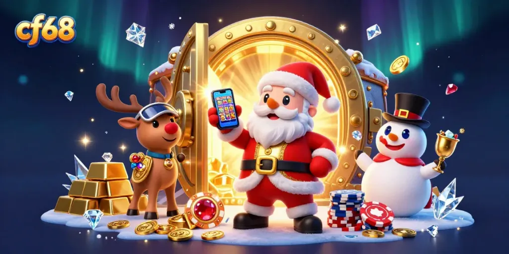 Engage with cf68 casino excitement through this 3D festive scene featuring Santa and friends.
