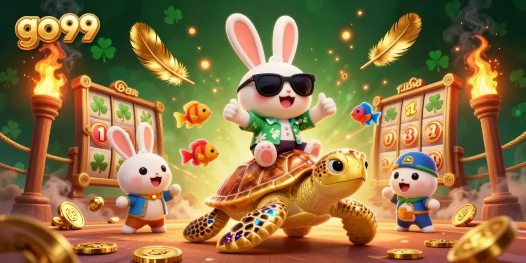 Spin to win at go 99 with the lucky rabbit and golden turtle in this vibrant casino scene.