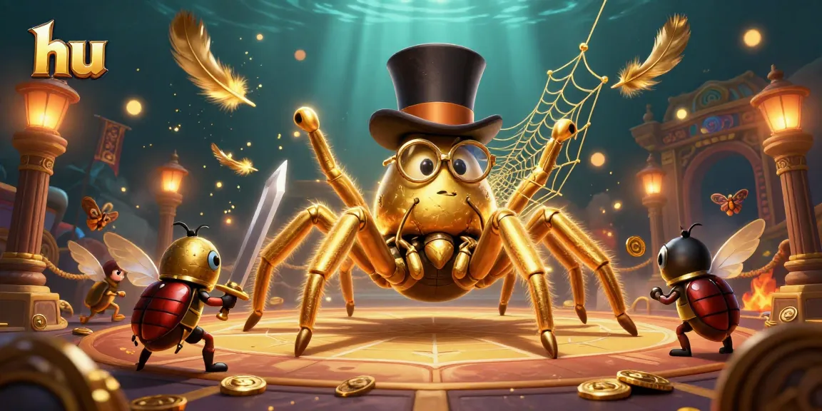 Experience thrilling gaming action at hu with the golden tarantula and beetle knight in this vibrant illustration.