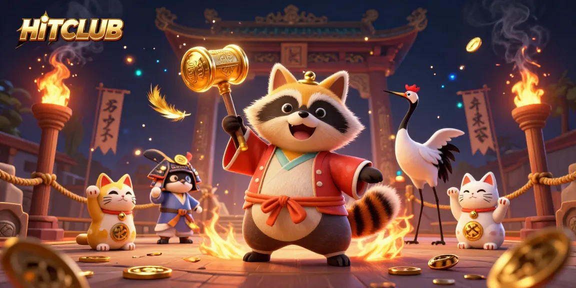 Engage with HITCLUB's thrilling gaming atmosphere featuring vibrant characters and exciting casino elements.