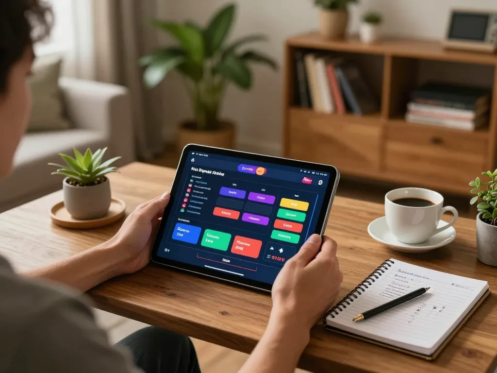 Engaging in kèo nhà cái 5 sports betting at home, with tablet showing betting options and strategy notes