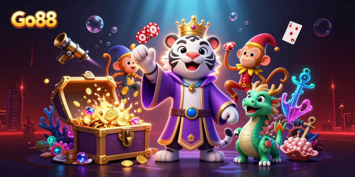 Go88 offers thrilling casino experiences with a whimsical illustration of characters amidst vibrant gambling elements.