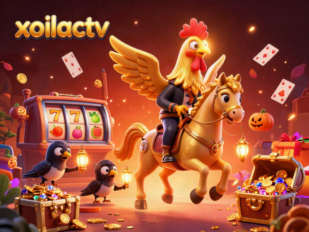 Xoilactv illuminates a vibrant casino scene with a golden rooster and pumpkin-headed crows, showcasing thrilling gameplay.