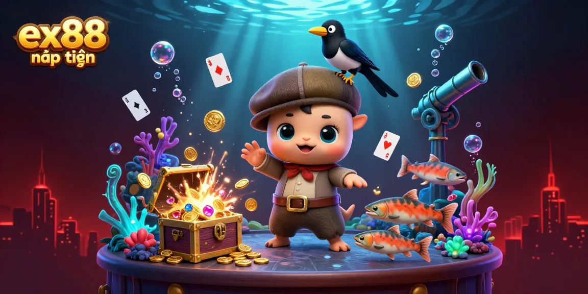 Spin to win at ex88 nạp tiền with playful Nessie and cheerful magpie amidst dazzling casino treasures!