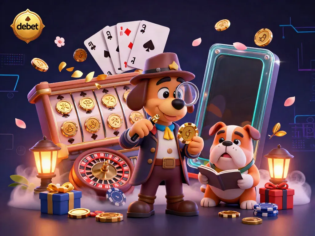 Spin to win with debet as the cartoon detective investigates a casino-themed mystery with vibrant slot elements.