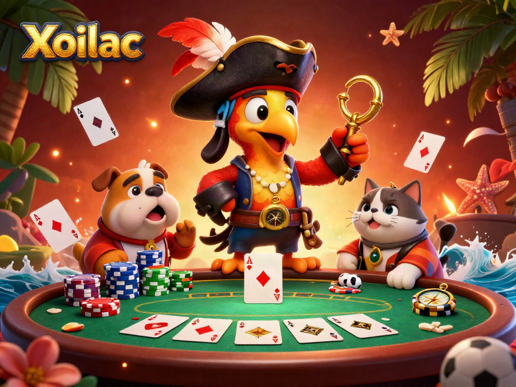 Xoilac enhances sports betting excitement with a dynamic scene of cartoon characters at a poker table.