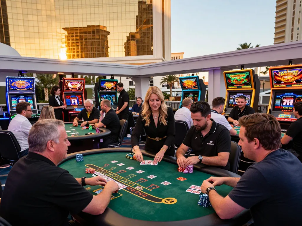 fun88 players enjoying thrilling blackjack gameplay on a bustling Vegas terrace