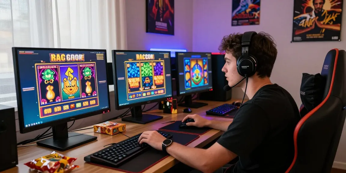 Excited player engaging with slot gacor games at a vibrant gaming desk, surrounded by snacks and gaming gear.