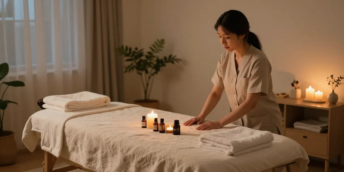 종로출장마사지 in a soothing home setting, therapist preparing a calming massage environment.