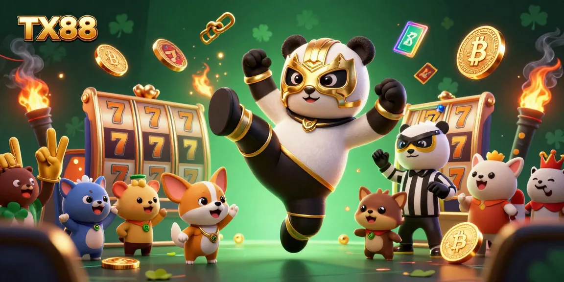 Experience thrilling slots at TX88 with a panda wrestler kicking into action in a lively casino atmosphere.