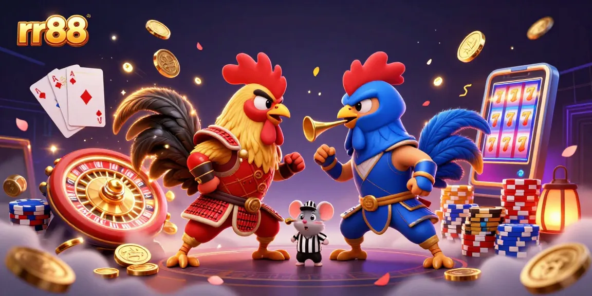 Experience thrilling adventures with rr88 as cartoon roosters battle amidst cascading golden coins and roulette wheels.