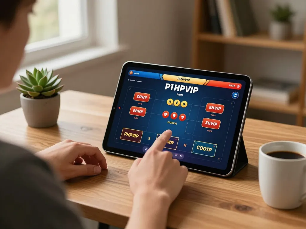 Player using PHPVIP on a tablet in a cozy home office setting, preparing to place a bet.